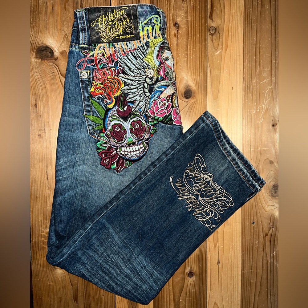 Christian Audigier x Ed Hardy Jeans Embroidered Mother Mary Y2K Like New Men’s